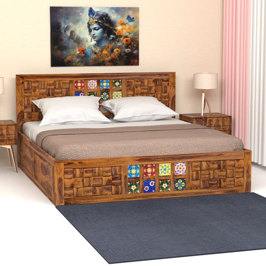 Amber Sheesham Wood King Size Bed with Box Storage in Honey Finish