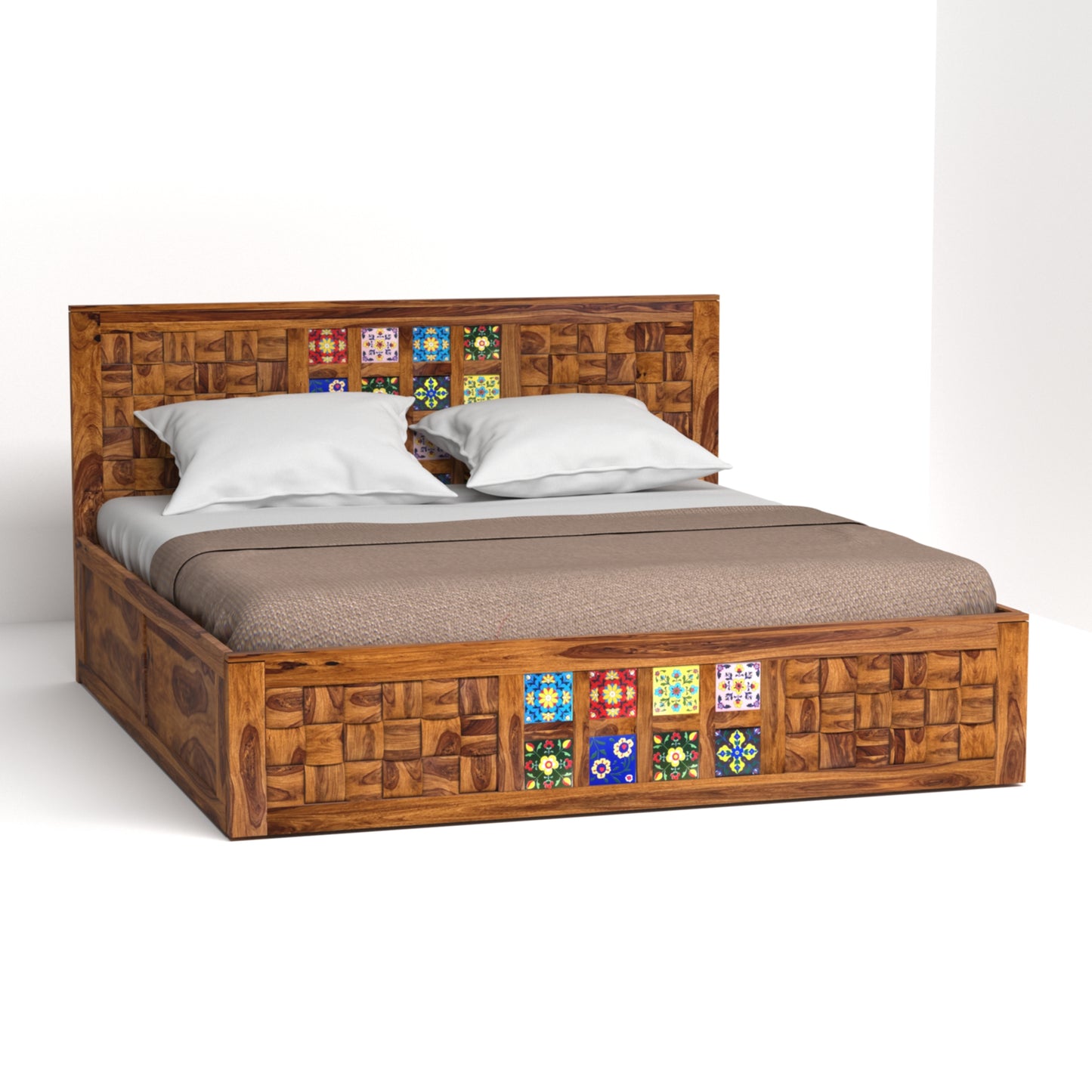 Amber Sheesham Wood King Size Bed with Box Storage in Honey Finish