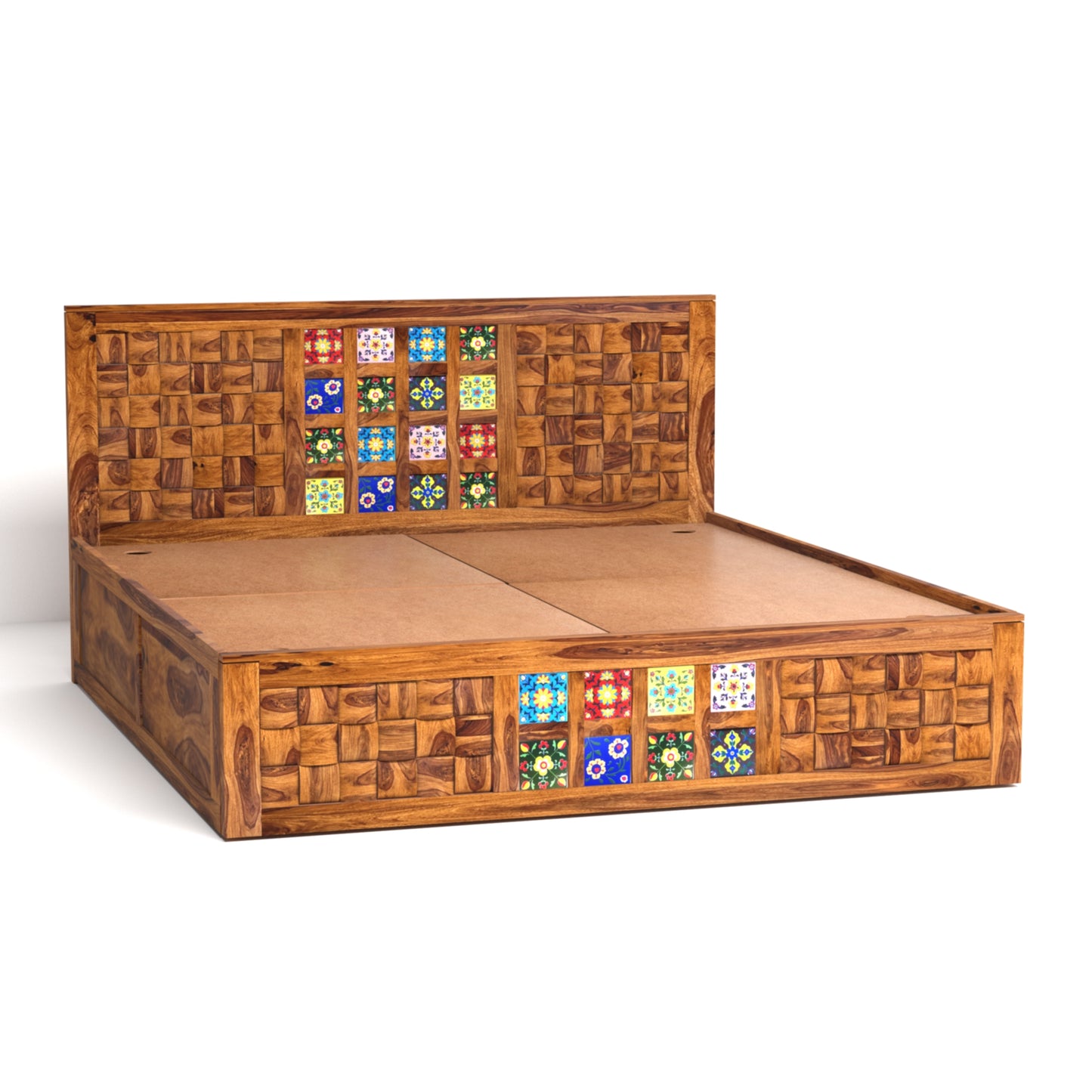 Amber Sheesham Wood King Size Bed with Box Storage in Honey Finish