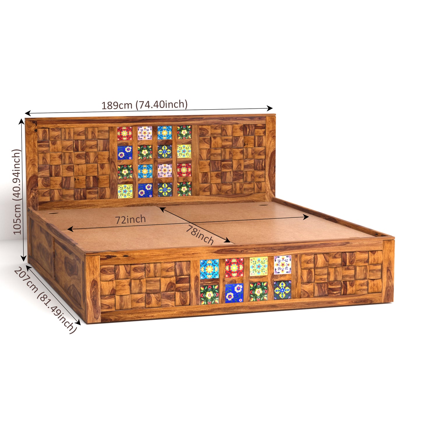 Amber Sheesham Wood King Size Bed with Box Storage in Honey Finish