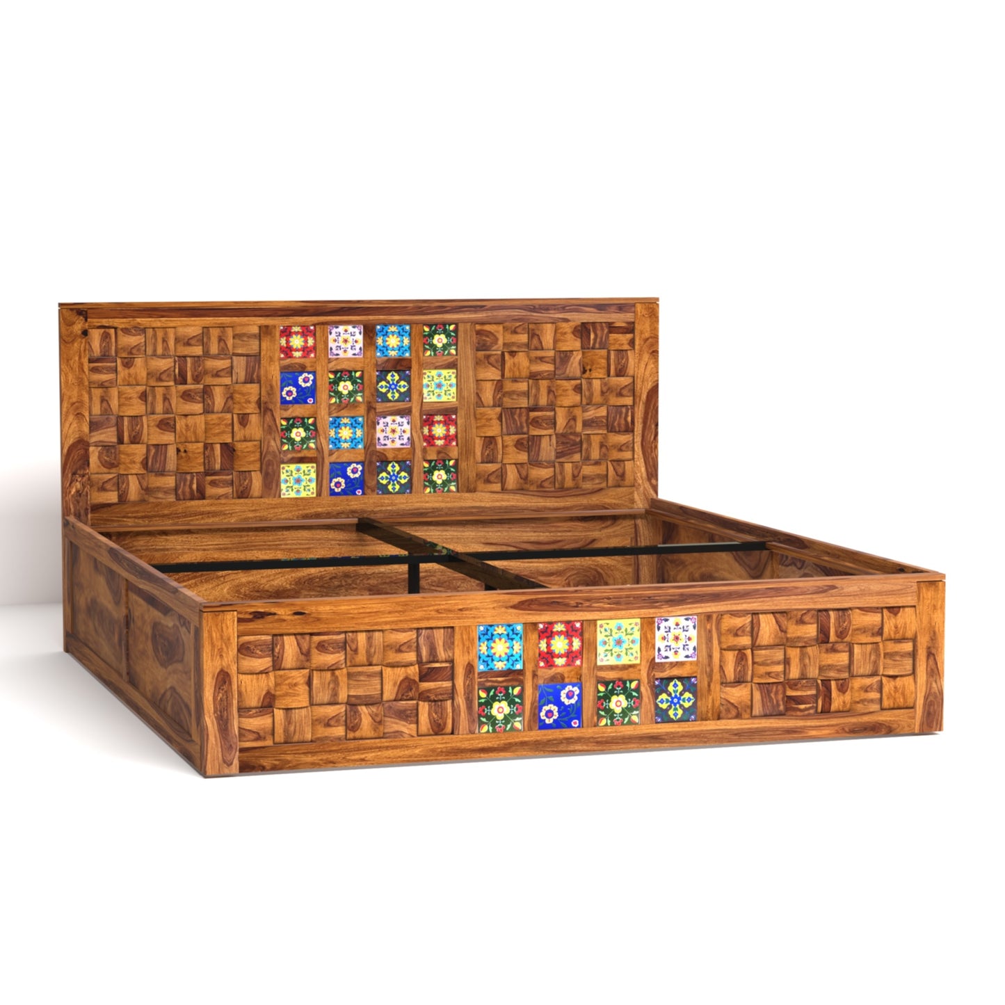 Amber Sheesham Wood King Size Bed with Box Storage in Honey Finish