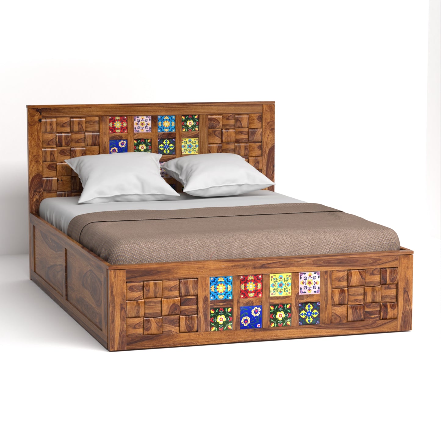 Amber Sheesham Wood Queen Size Bed with Box Storage in Honey Finish