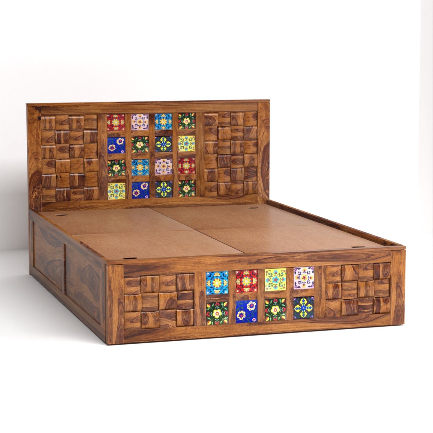 Amber Sheesham Wood Queen Size Bed with Box Storage in Honey Finish