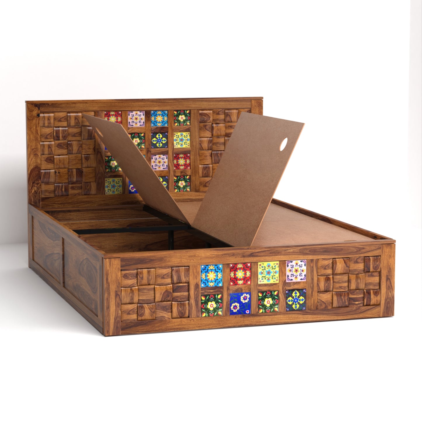 Amber Sheesham Wood Queen Size Bed with Box Storage in Honey Finish