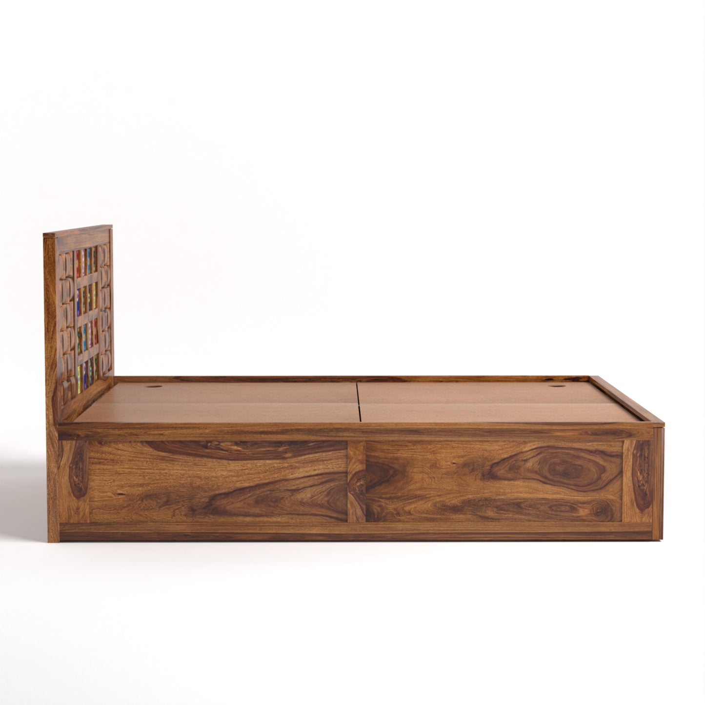 Amber Sheesham Wood Queen Size Bed with Box Storage in Honey Finish
