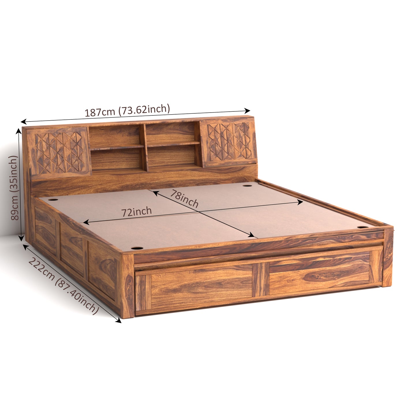 Bergen Sheesham Wood King Size Bed with Storage in Honey Finish