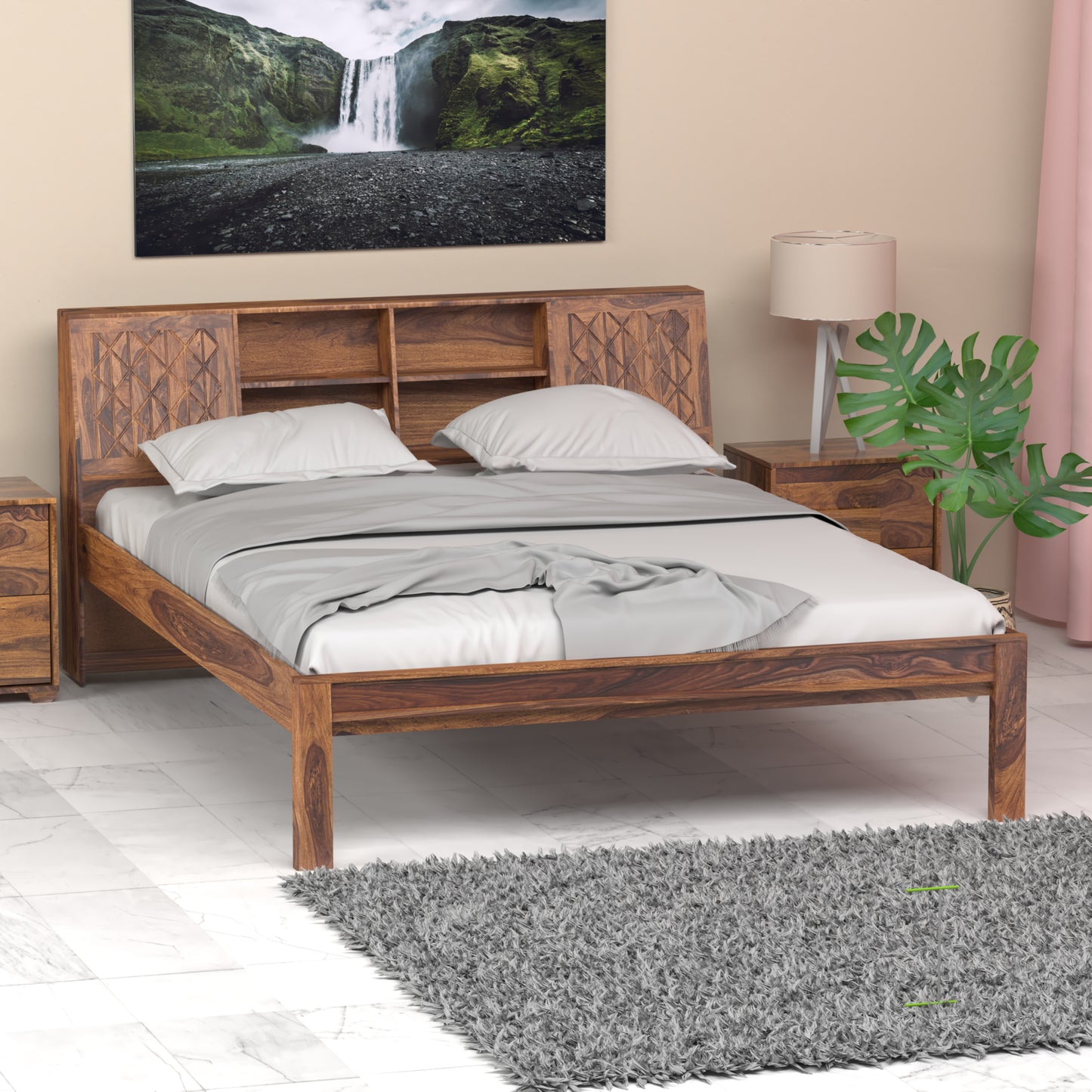 Bergen Sheesham Wood Queen Size Bed in Honey Finish