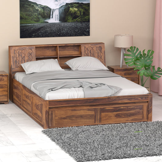 Bergen Sheesham Wood Queen Size Bed with Storage in Honey Finish