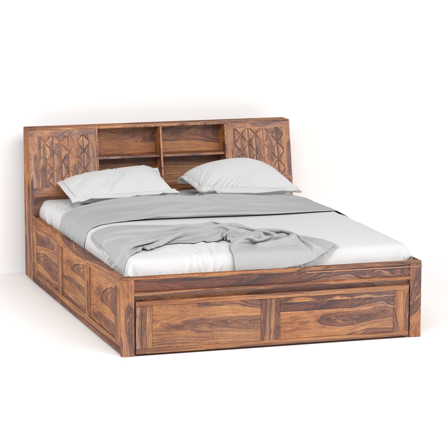 Bergen Sheesham Wood Queen Size Bed with Storage in Honey Finish