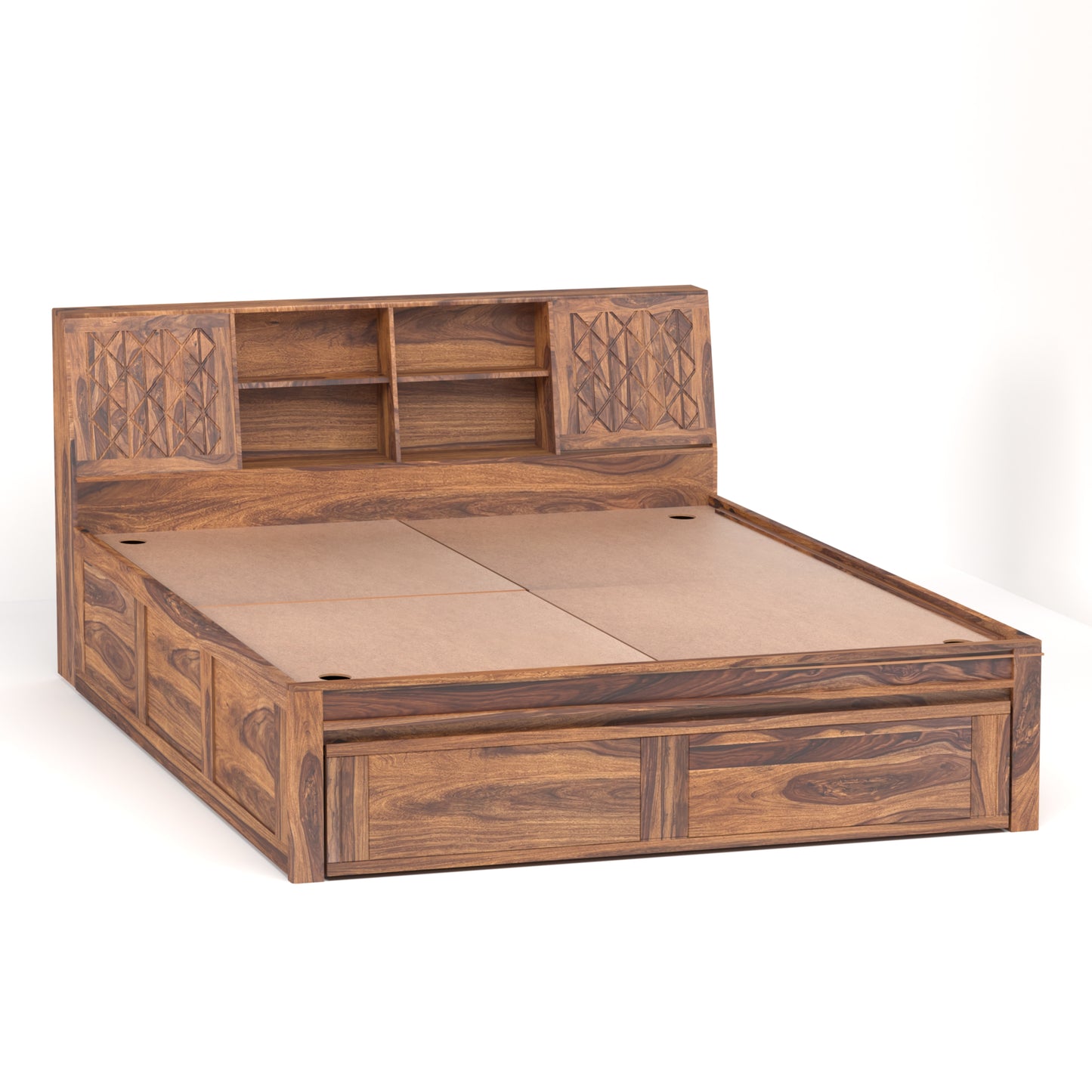 Bergen Sheesham Wood Queen Size Bed with Storage in Honey Finish