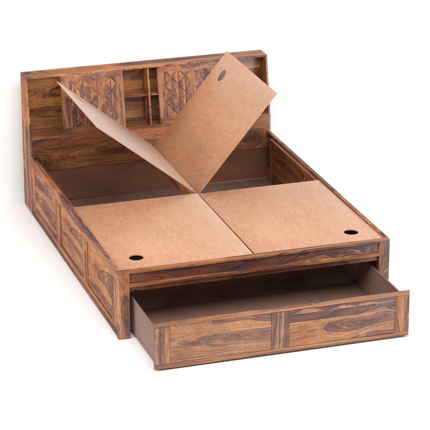 Bergen Sheesham Wood Queen Size Bed with Storage in Honey Finish