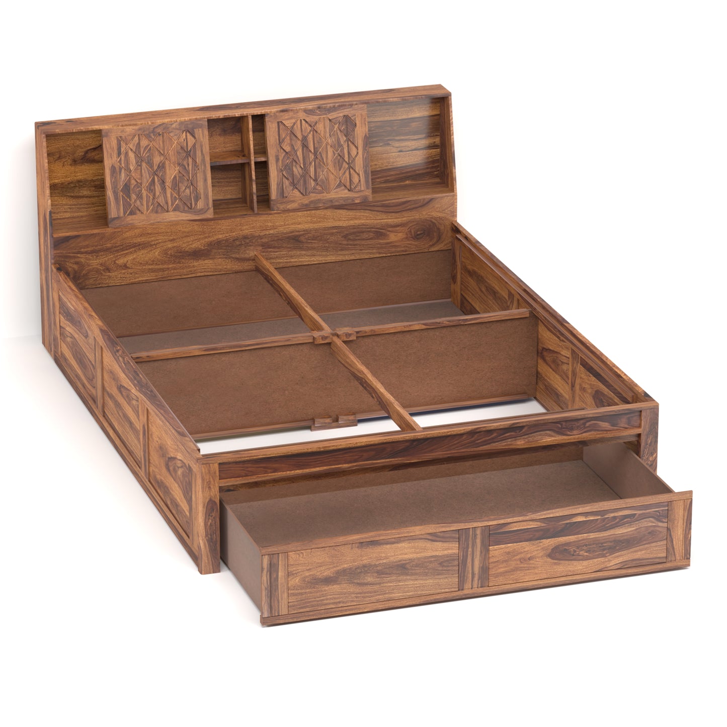 Bergen Sheesham Wood Queen Size Bed with Storage in Honey Finish