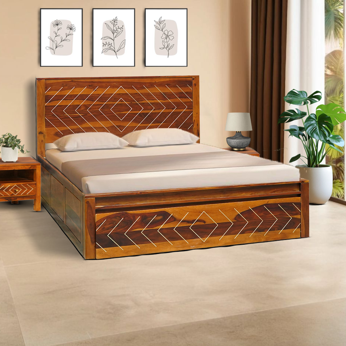 Bristol Sheesham Wood Queen Size Bed with Drawer Storage in Honey Finish
