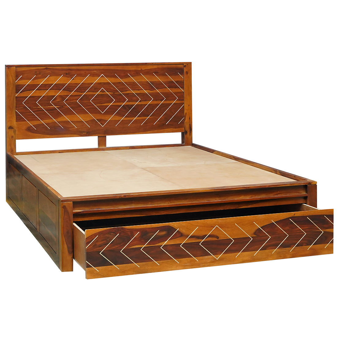 Bristol Sheesham Wood Queen Size Bed with Drawer Storage in Honey Finish