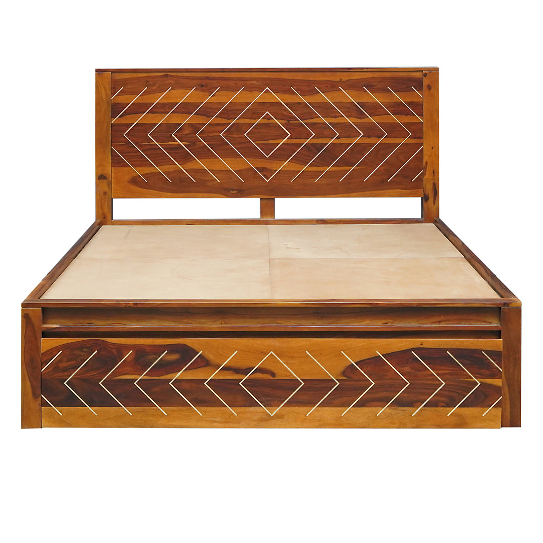 Bristol Sheesham Wood Queen Size Bed with Drawer Storage in Honey Finish