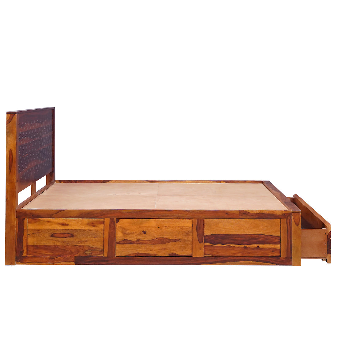 Bristol Sheesham Wood Queen Size Bed with Drawer Storage in Honey Finish