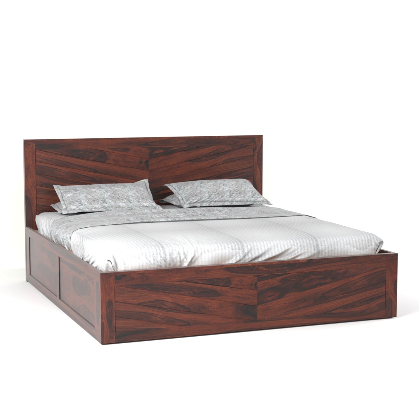 Chevron Sheesham Wood King Size Bed with Box Storage in Rosewood Finish