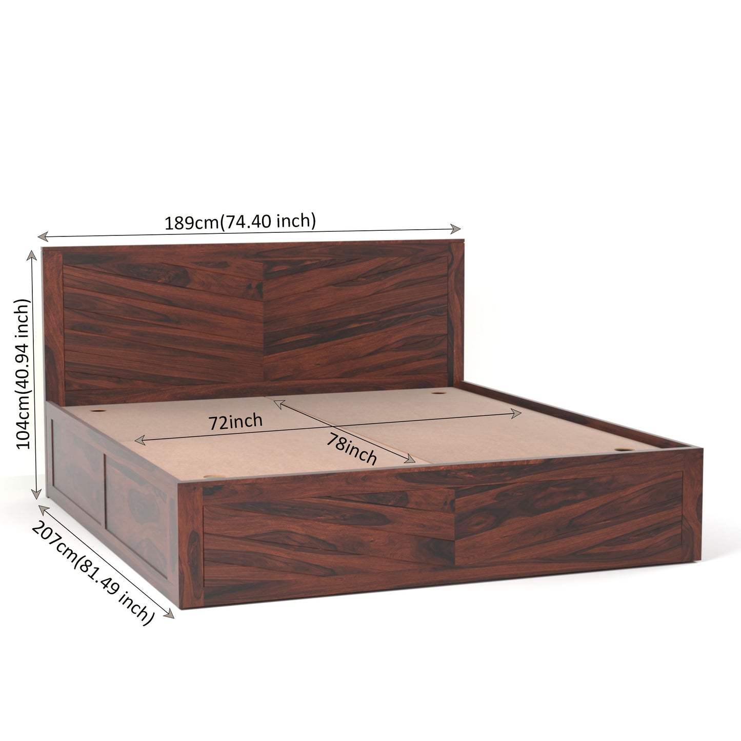 Chevron Sheesham Wood King Size Bed with Box Storage in Rosewood Finish