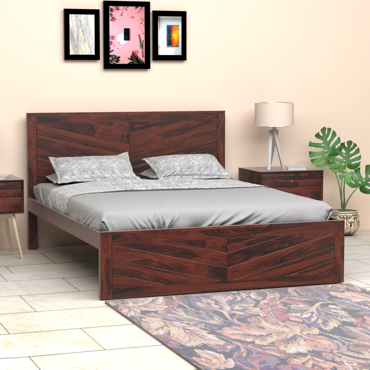 Chevron Sheesham Wood Queen Size Bed in Rosewood Finish
