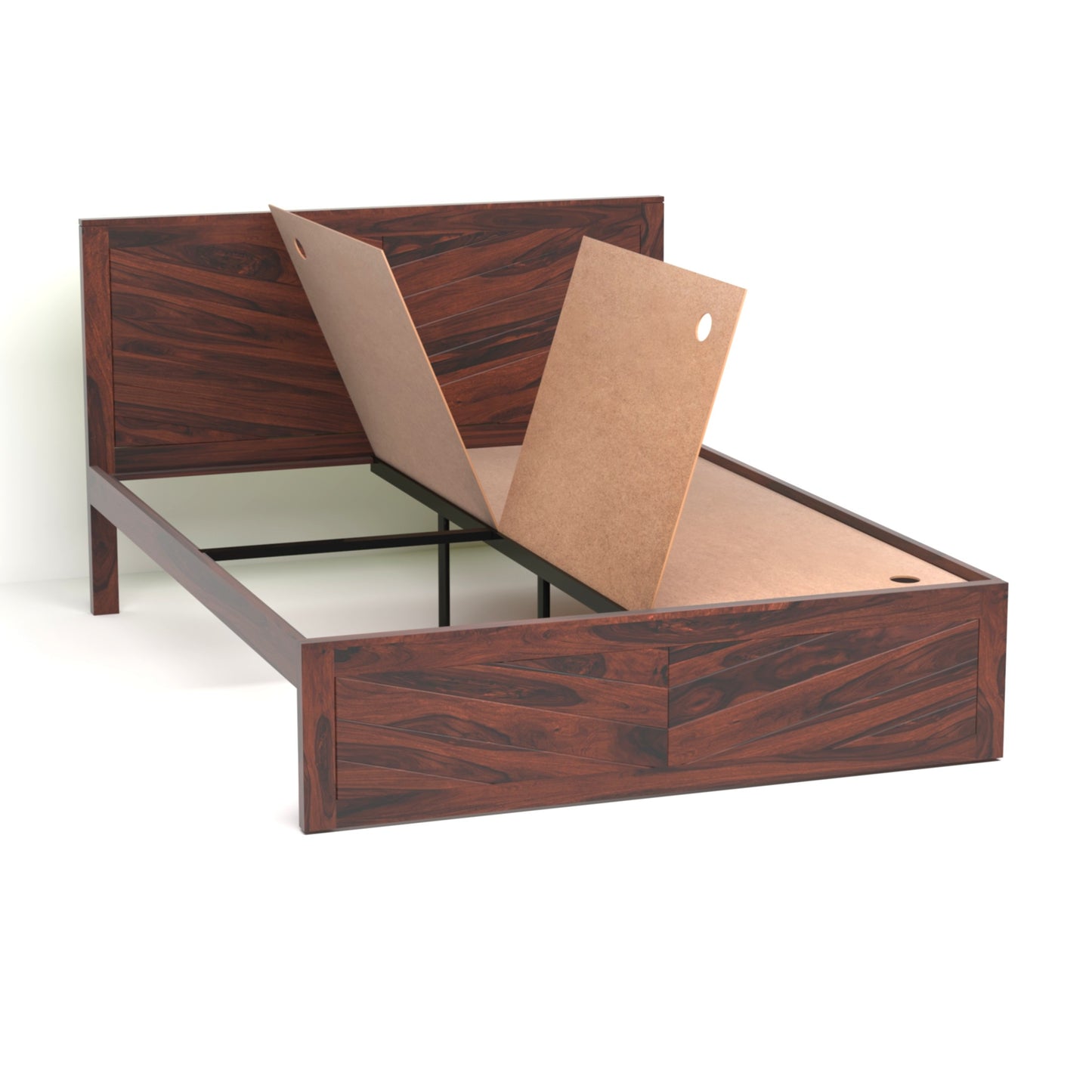 Chevron Sheesham Wood Queen Size Bed in Rosewood Finish