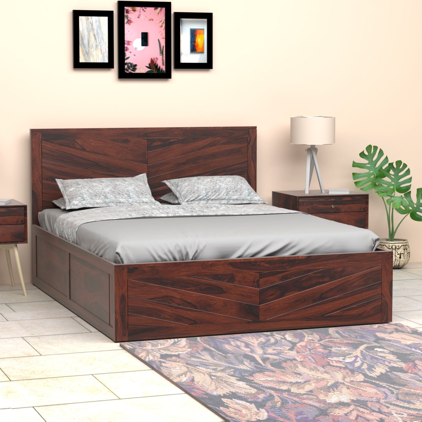 Chevron Sheesham Wood Queen Size Bed with Box Storage in Rosewood Finish