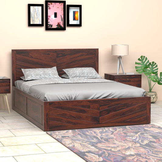 Chevron Sheesham Wood Queen Size Bed with Box Storage in Rosewood Finish