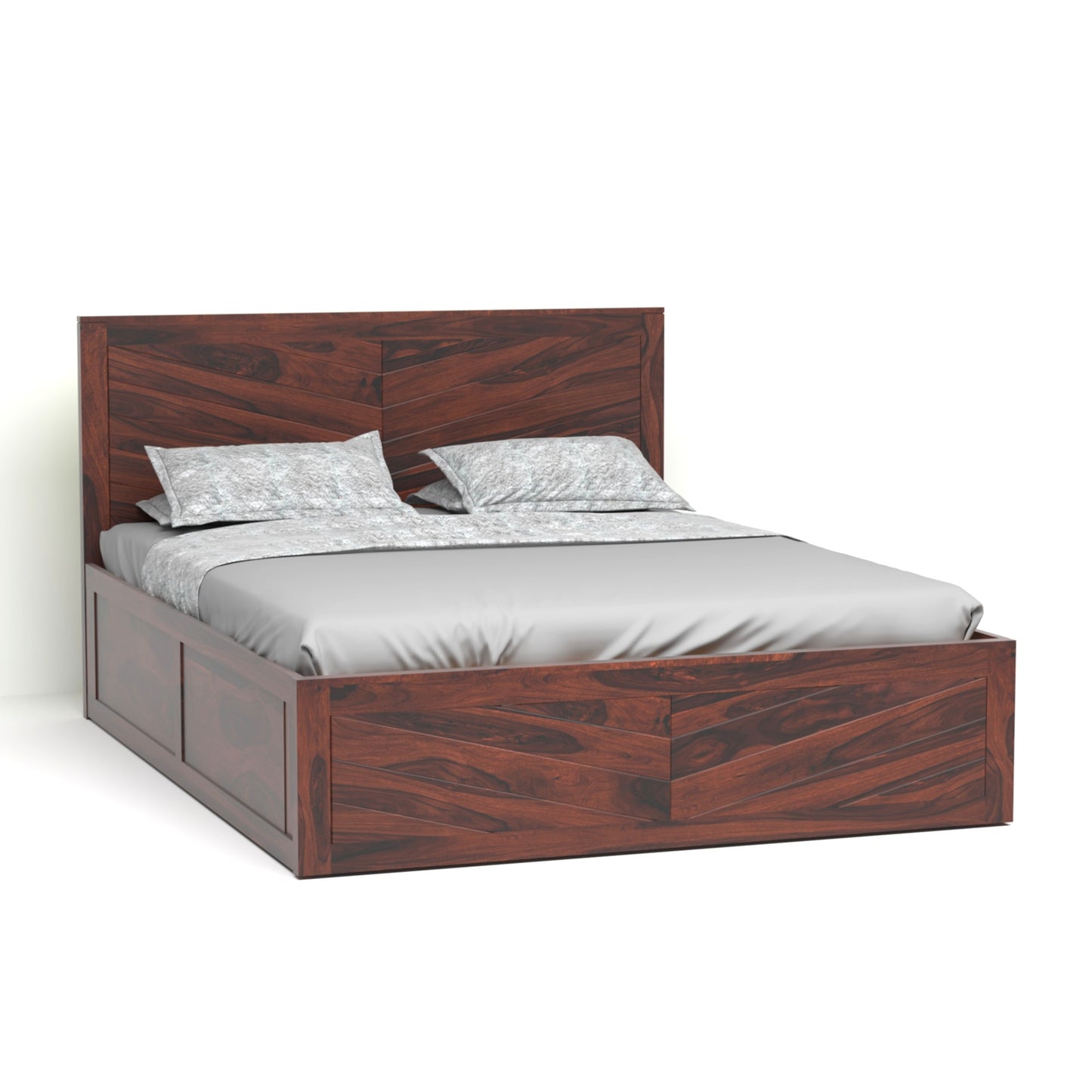 Chevron Sheesham Wood Queen Size Bed with Box Storage in Rosewood Finish