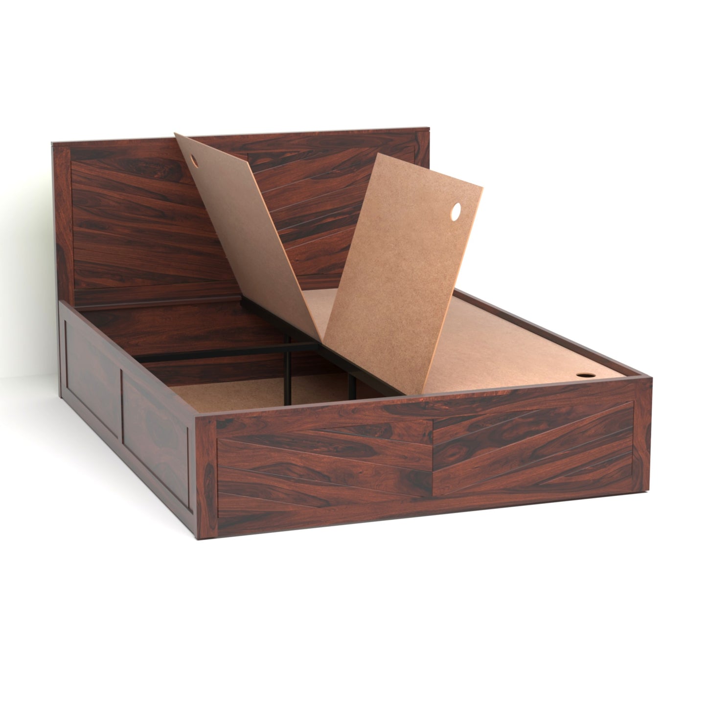 Chevron Sheesham Wood Queen Size Bed with Box Storage in Rosewood Finish