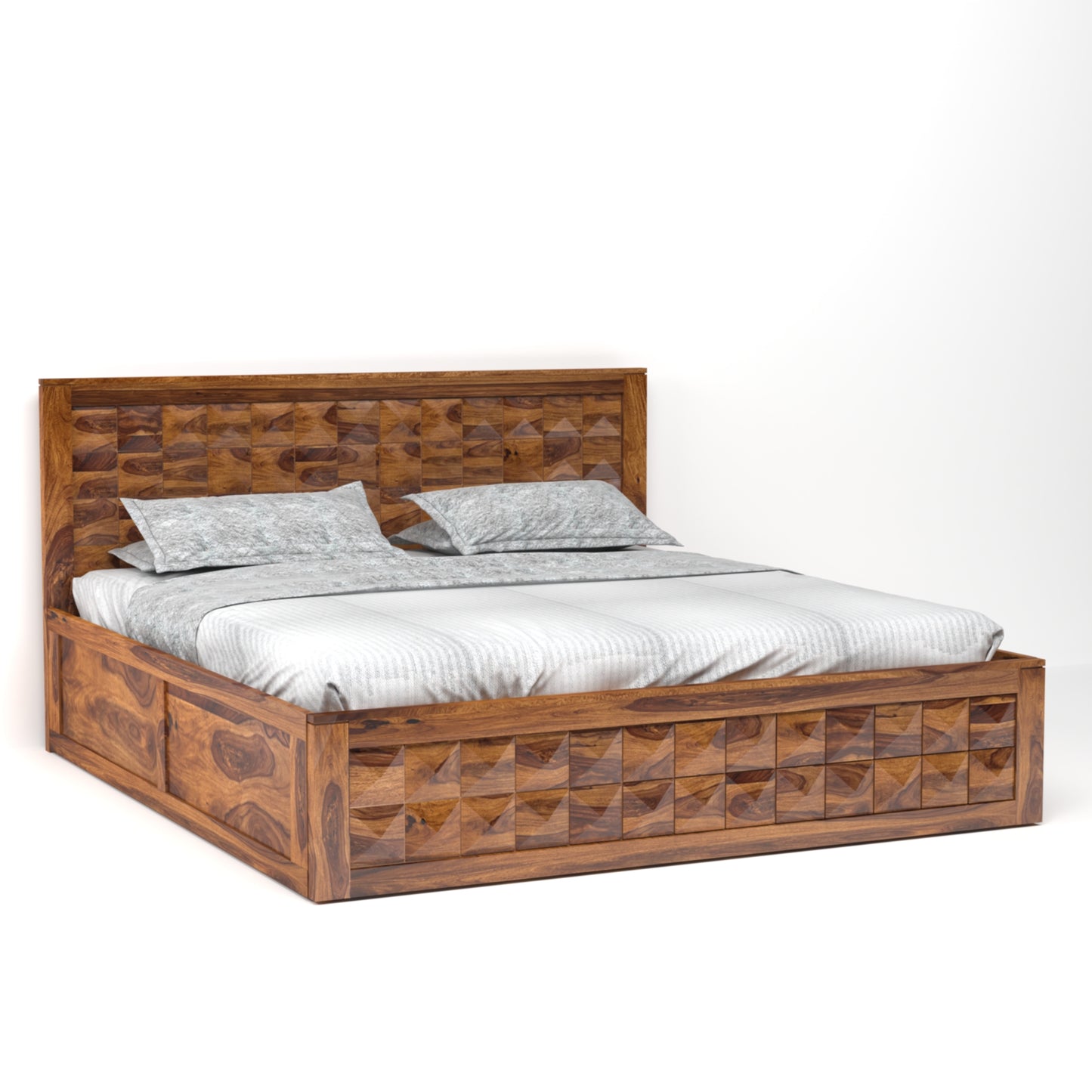 Diamond Sheesham Wood King Size Bed with Box Storage in Honey Finish