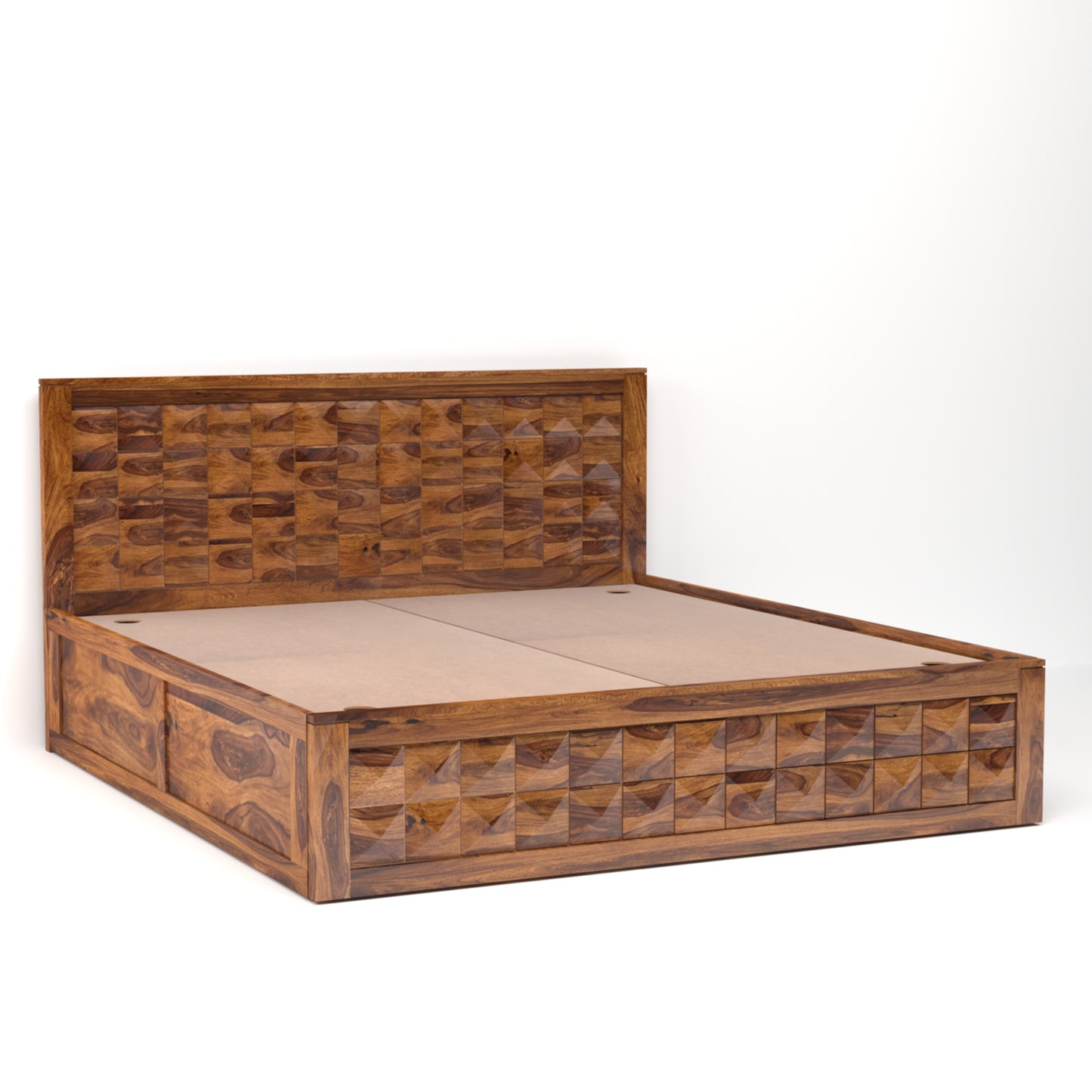 Diamond Sheesham Wood King Size Bed with Box Storage in Honey Finish