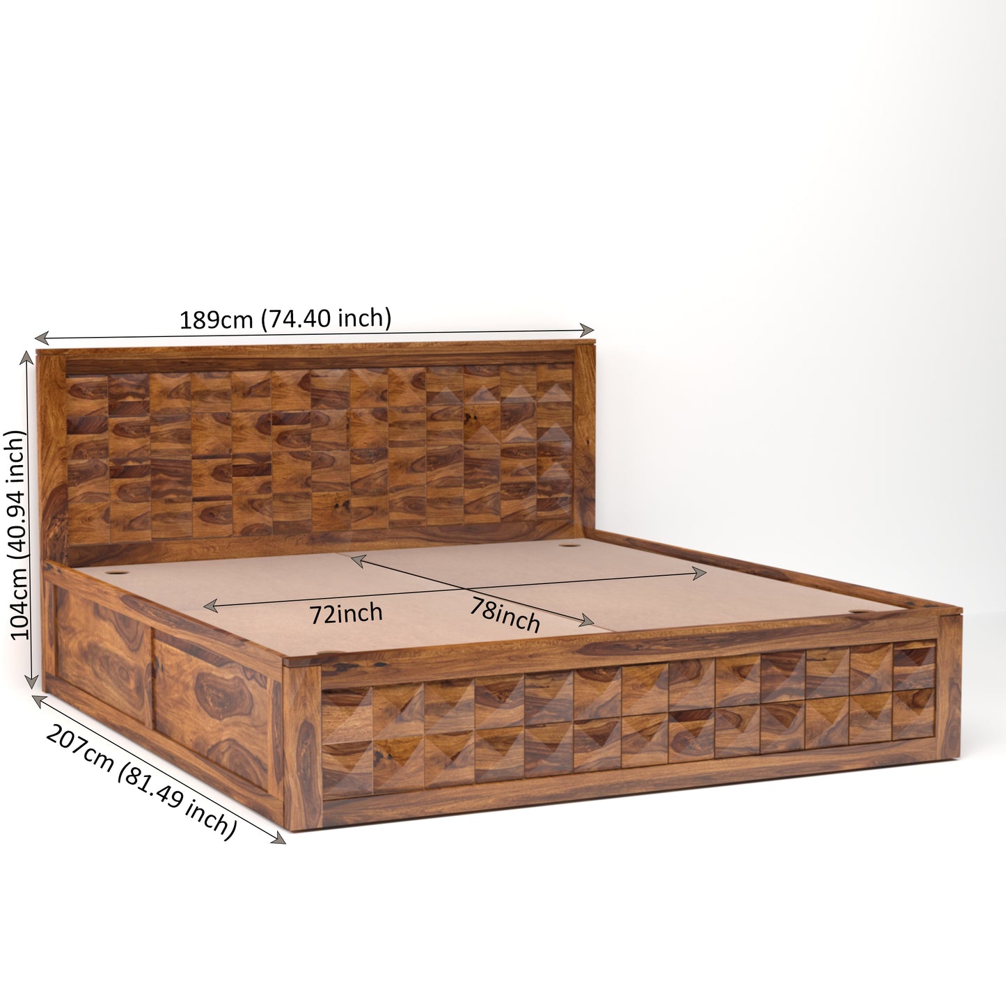 Diamond Sheesham Wood King Size Bed with Box Storage in Honey Finish