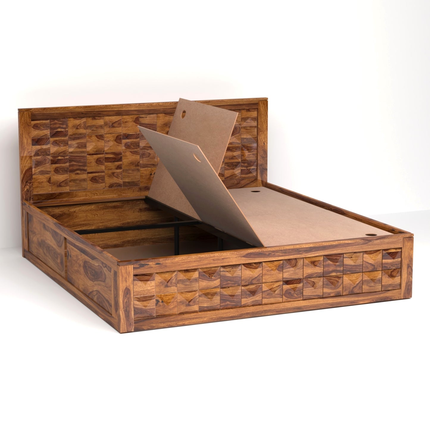 Diamond Sheesham Wood King Size Bed with Box Storage in Honey Finish