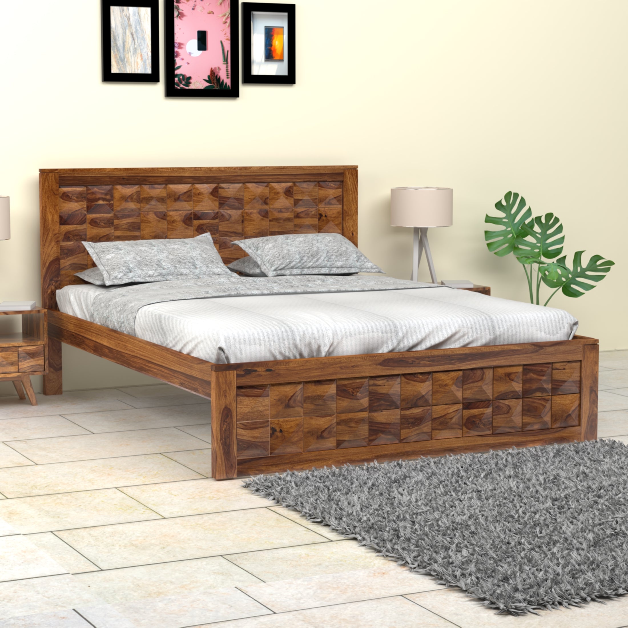 Diamond Sheesham Wood Queen Size Bed in Honey Finish