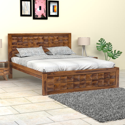 Diamond Sheesham Wood Queen Size Bed in Honey Finish