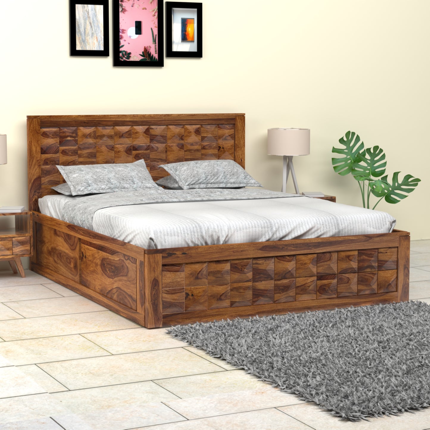Diamond Sheesham Wood Queen Size Bed with Box Storage in Honey Finish