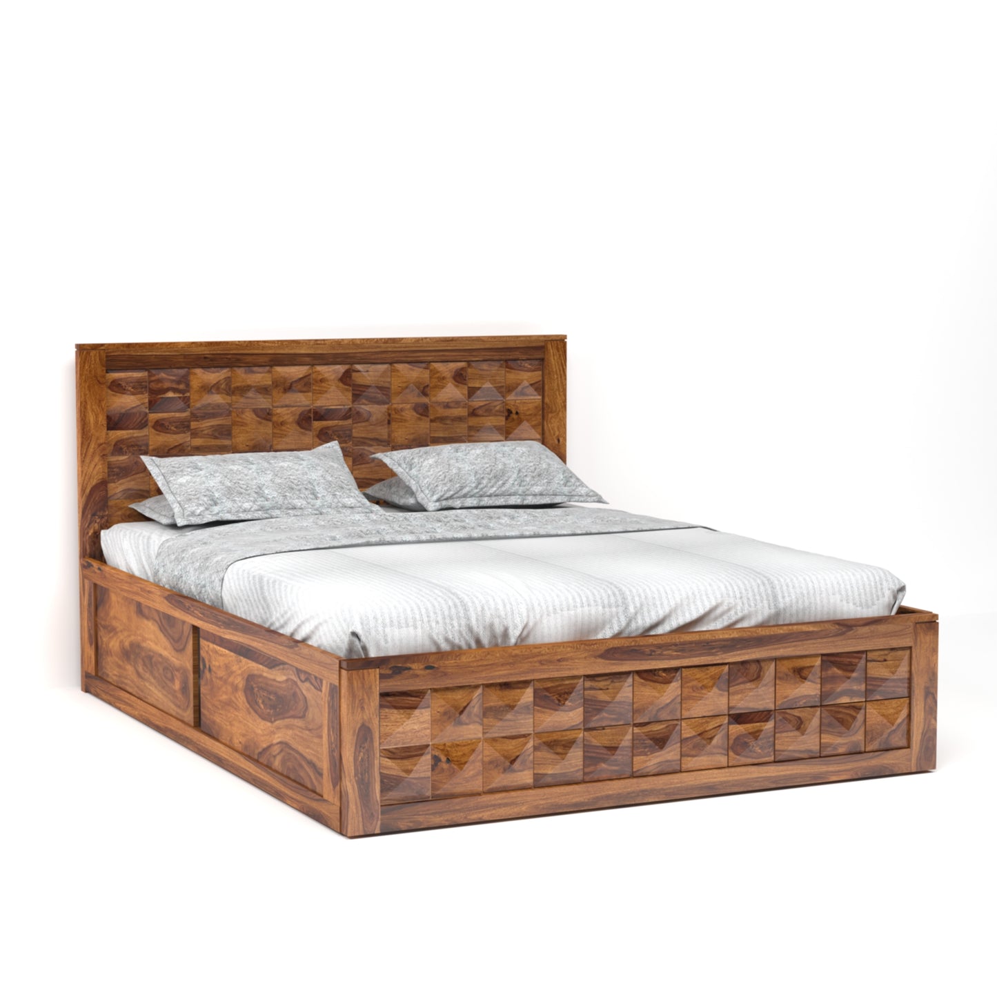 Diamond Sheesham Wood Queen Size Bed with Box Storage in Honey Finish