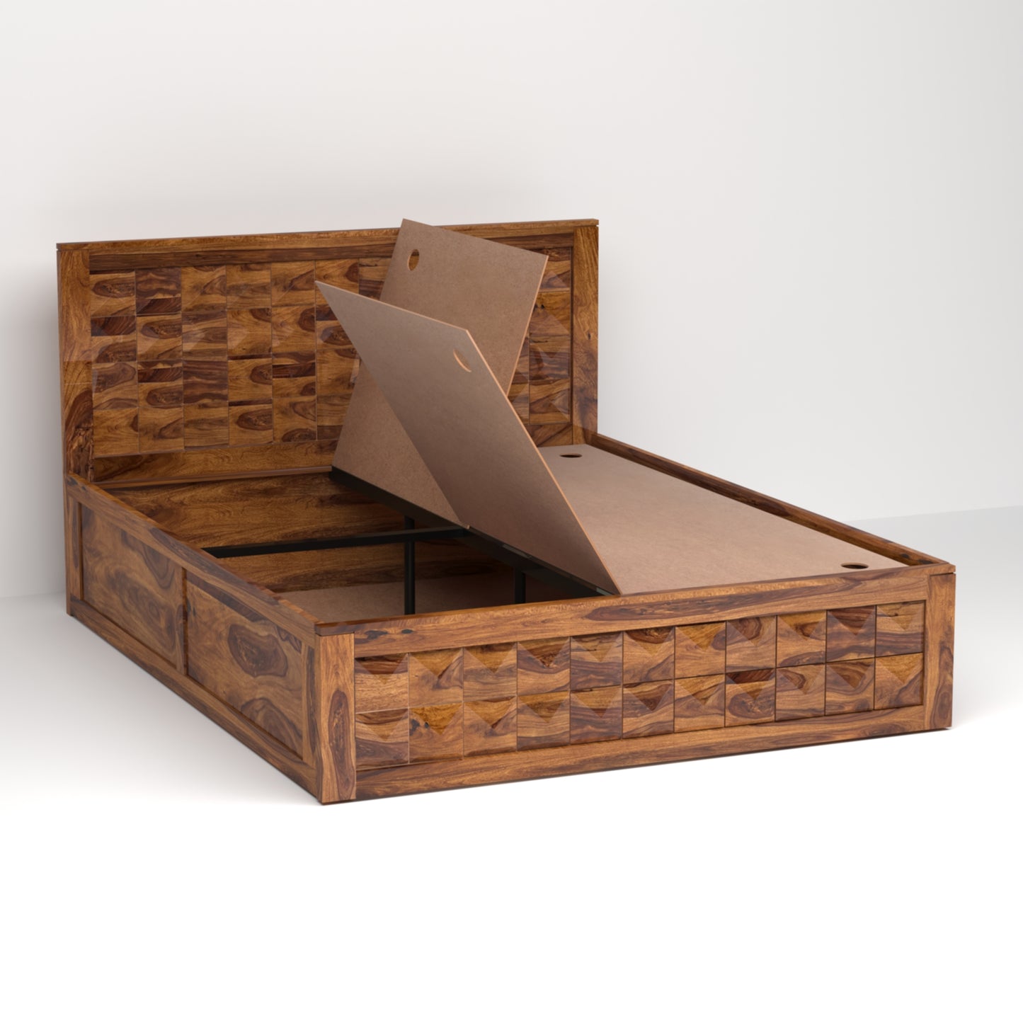 Diamond Sheesham Wood Queen Size Bed with Box Storage in Honey Finish