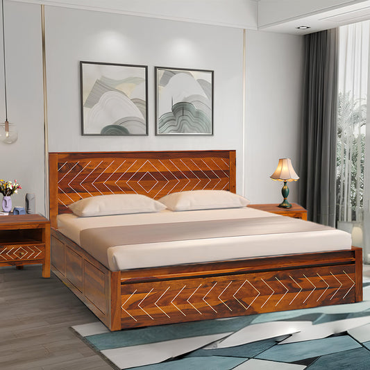 Bristol King Size Bed With Drawer Storage in Honey Finish