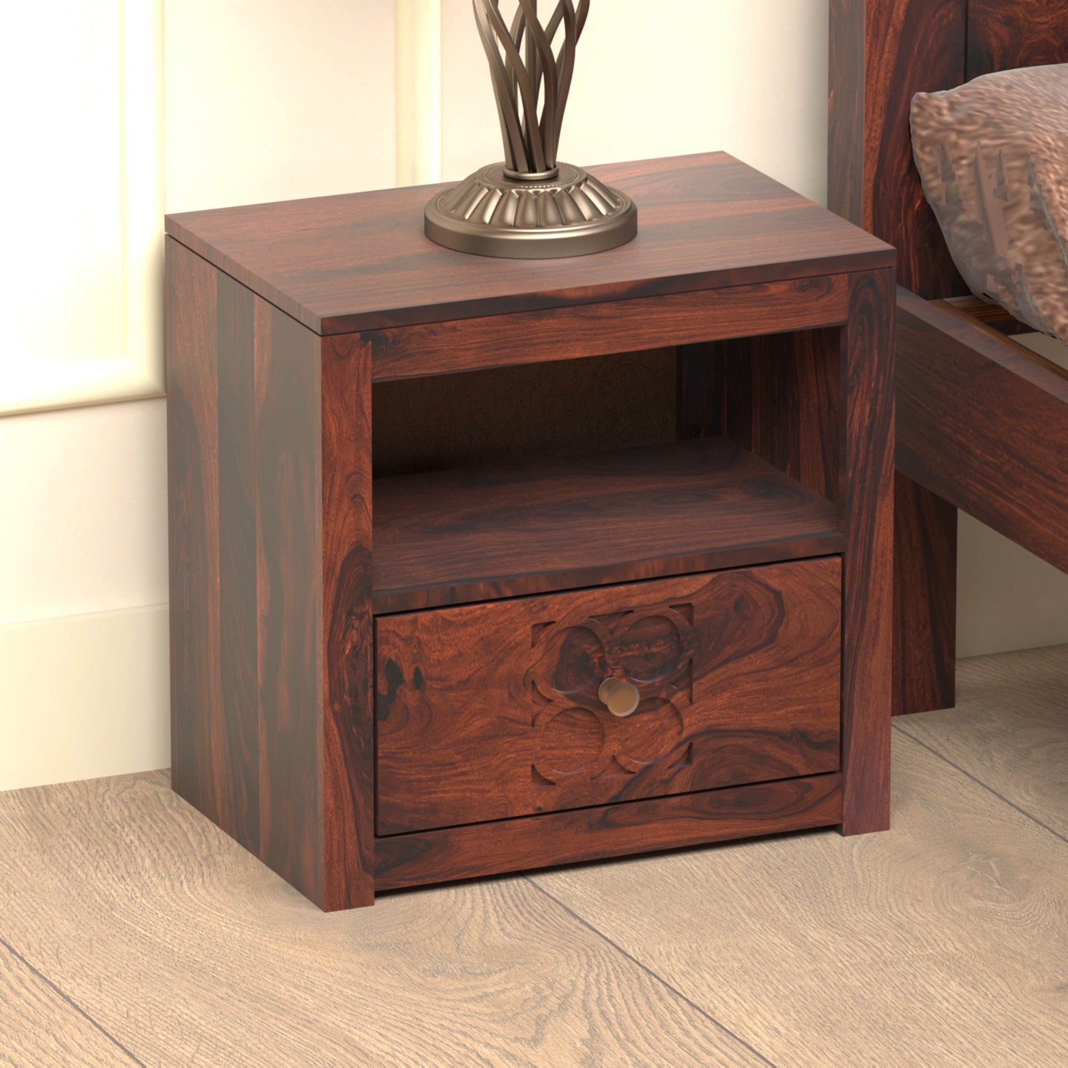 Pearl Sheesham Wood Bedside Table in Rosewood Finish