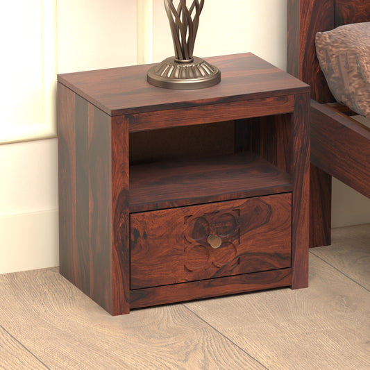 Pearl Sheesham Wood Bedside Table in Rosewood Finish
