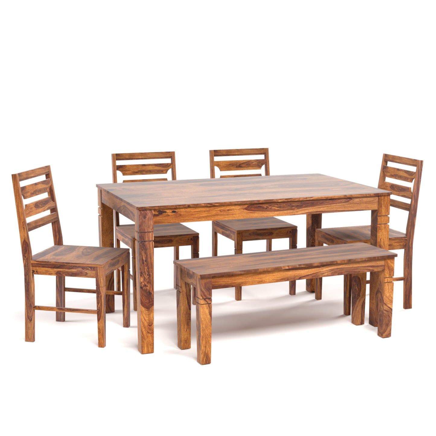 Prados Sheesham Wood Six Seater Dining Set with Bench in Honey Finish