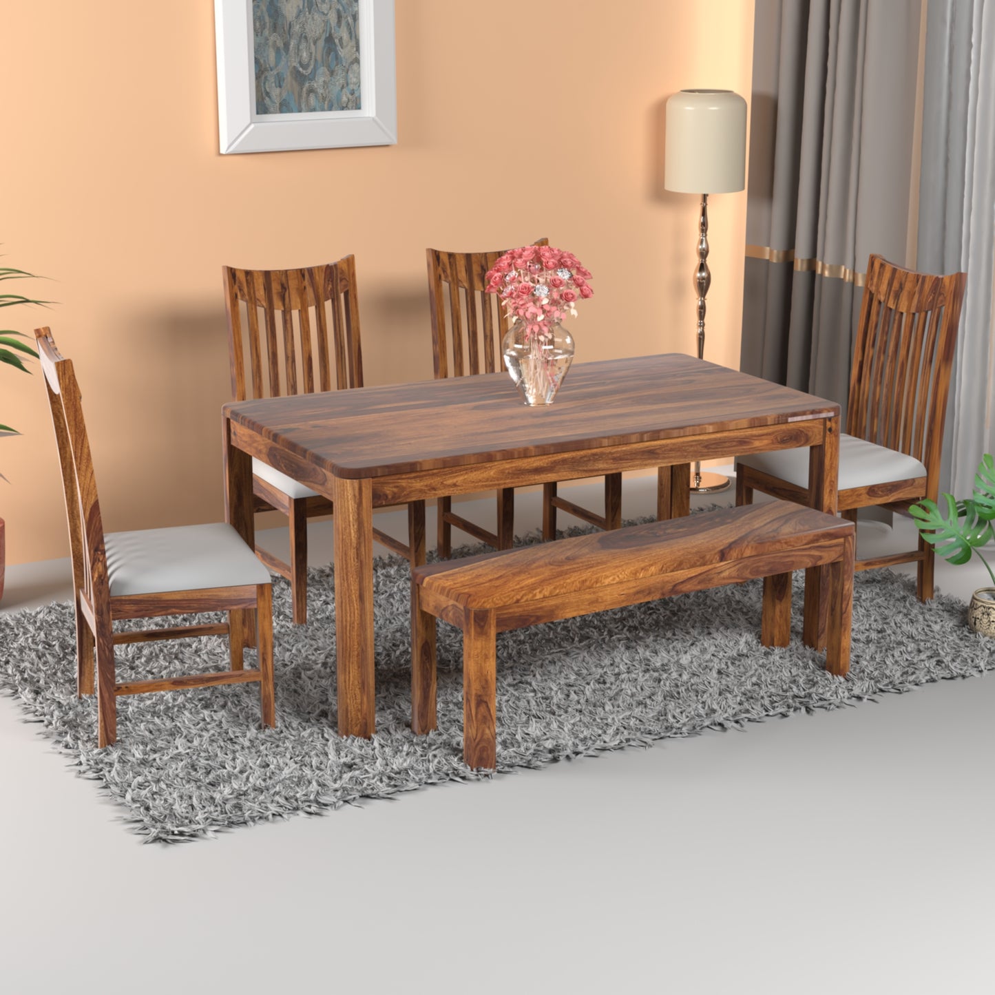 Toronto Sheesham Wood 6 Seater Dining Set with Bench in Honey Finish