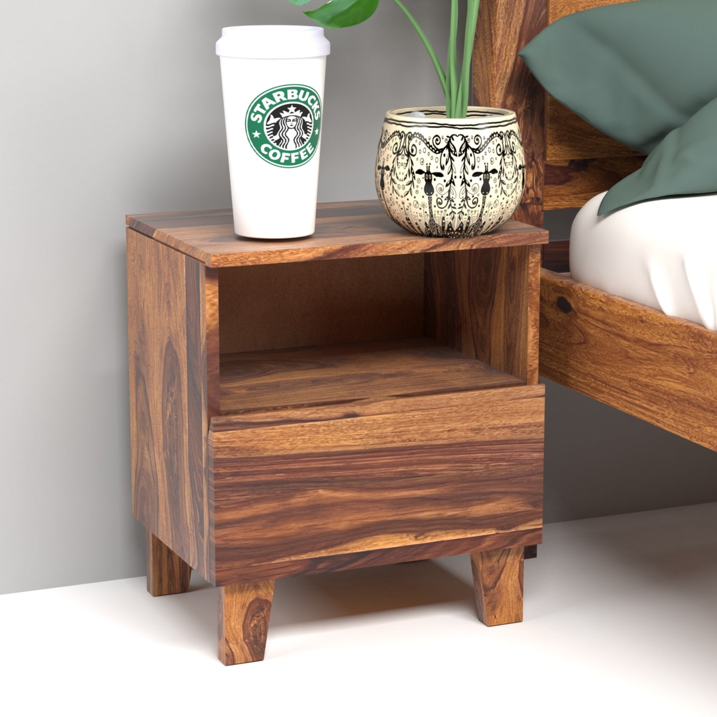 Yuco Sheesham Wood Bedside Table in Honey Finish