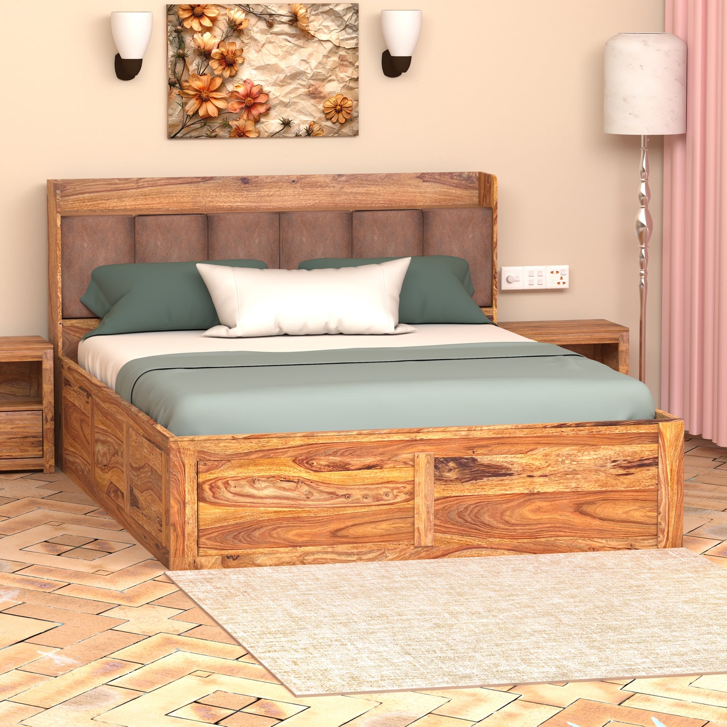 Zara Sheesham Wood Queen Size Bed with Storage