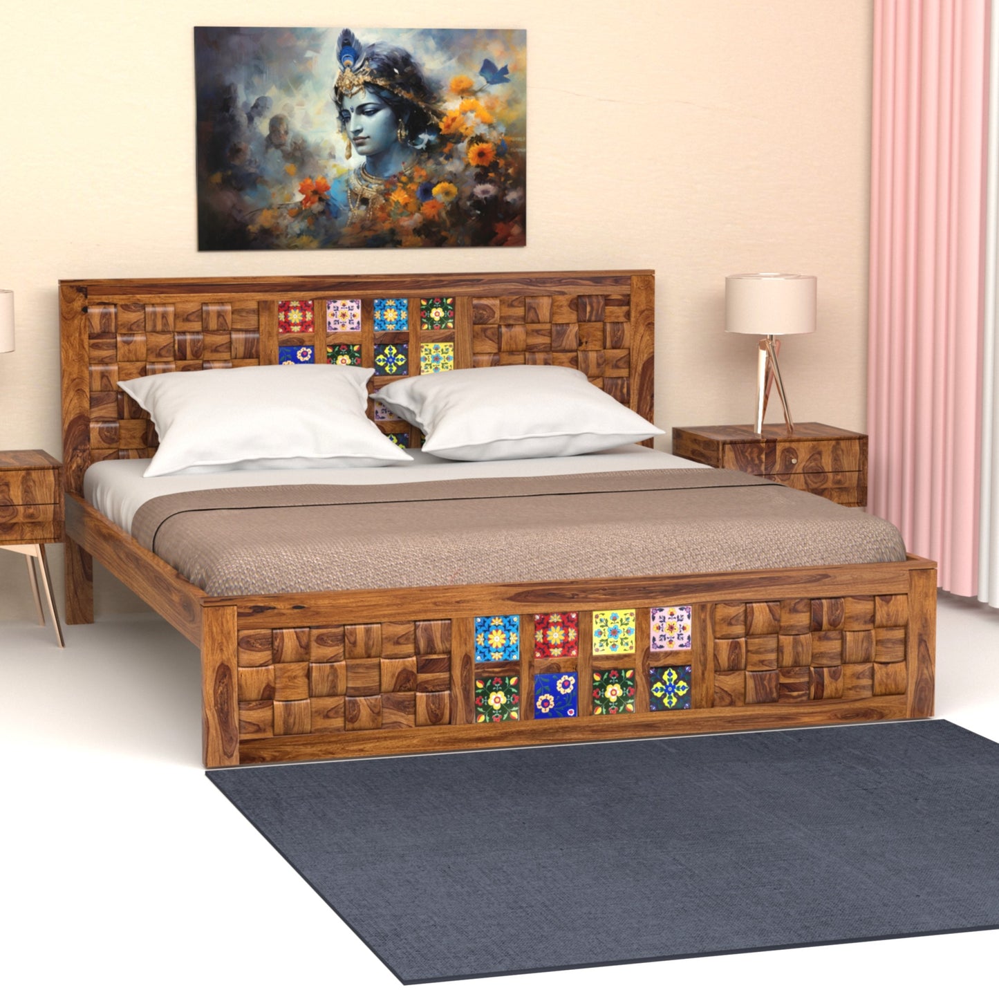 Amber Sheesham Wood King Size Bed in Honey Finish