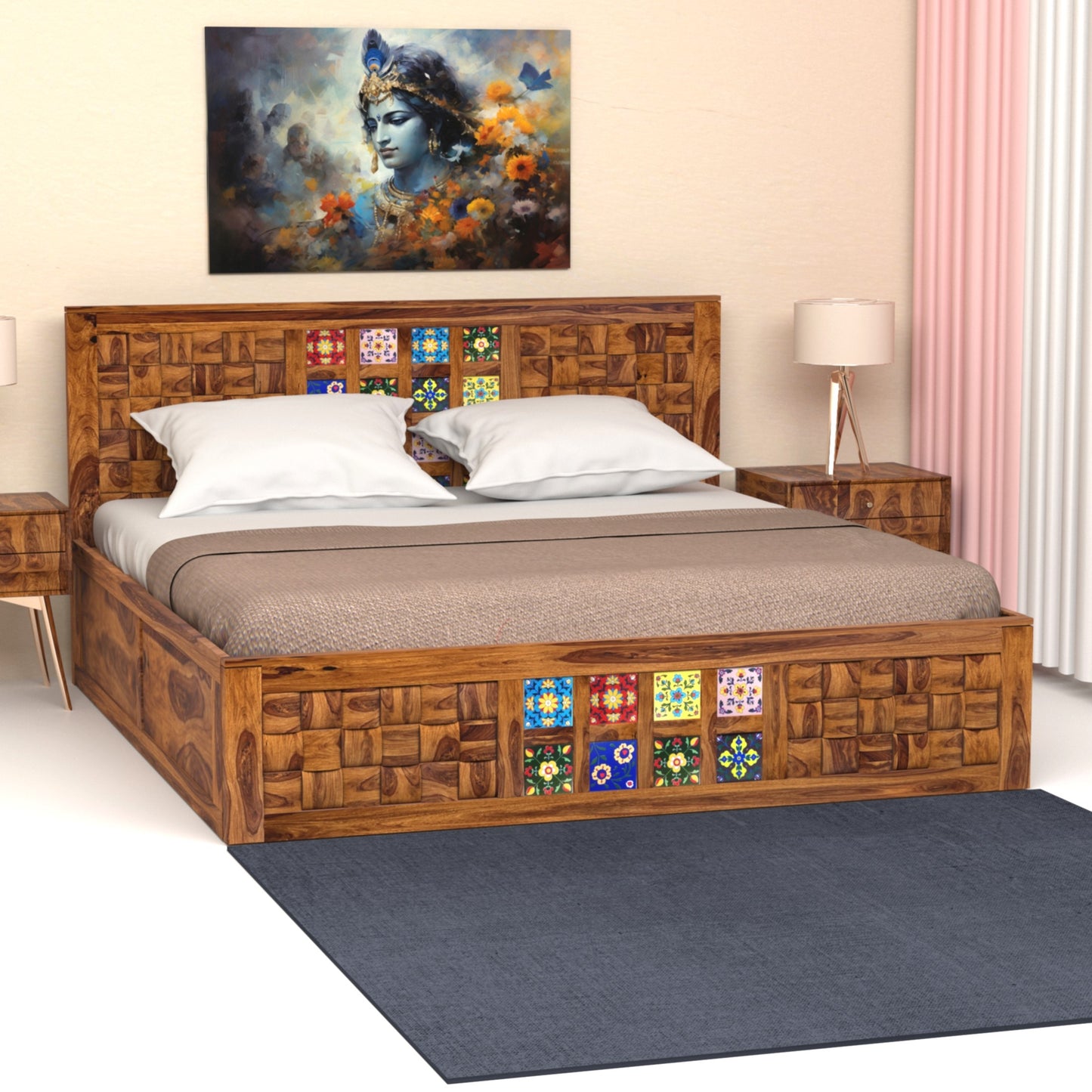 Amber Sheesham Wood King Size Bed with Box Storage in Honey Finish
