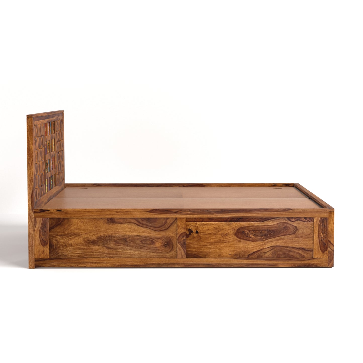 Amber Sheesham Wood King Size Bed with Box Storage in Honey Finish