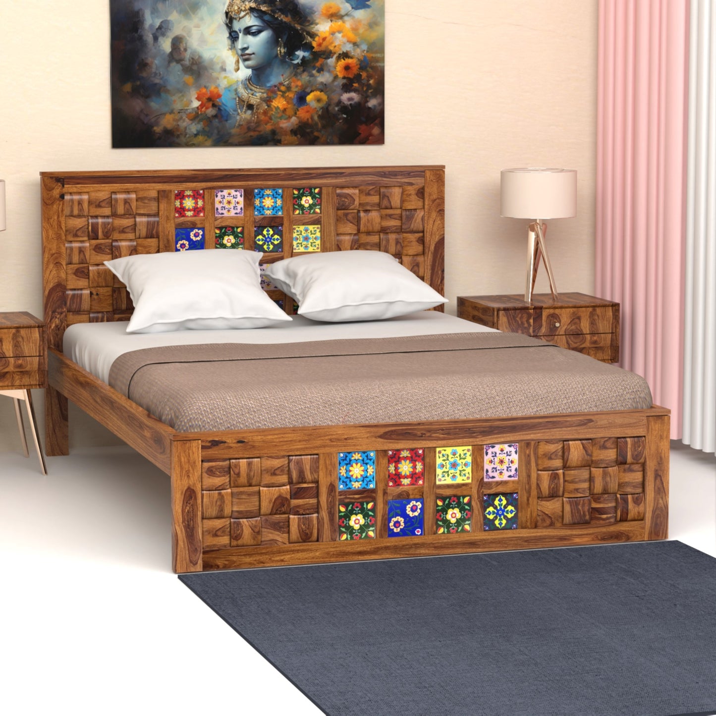 Amber Sheesham Wood Queen Size Bed in Honey Finish