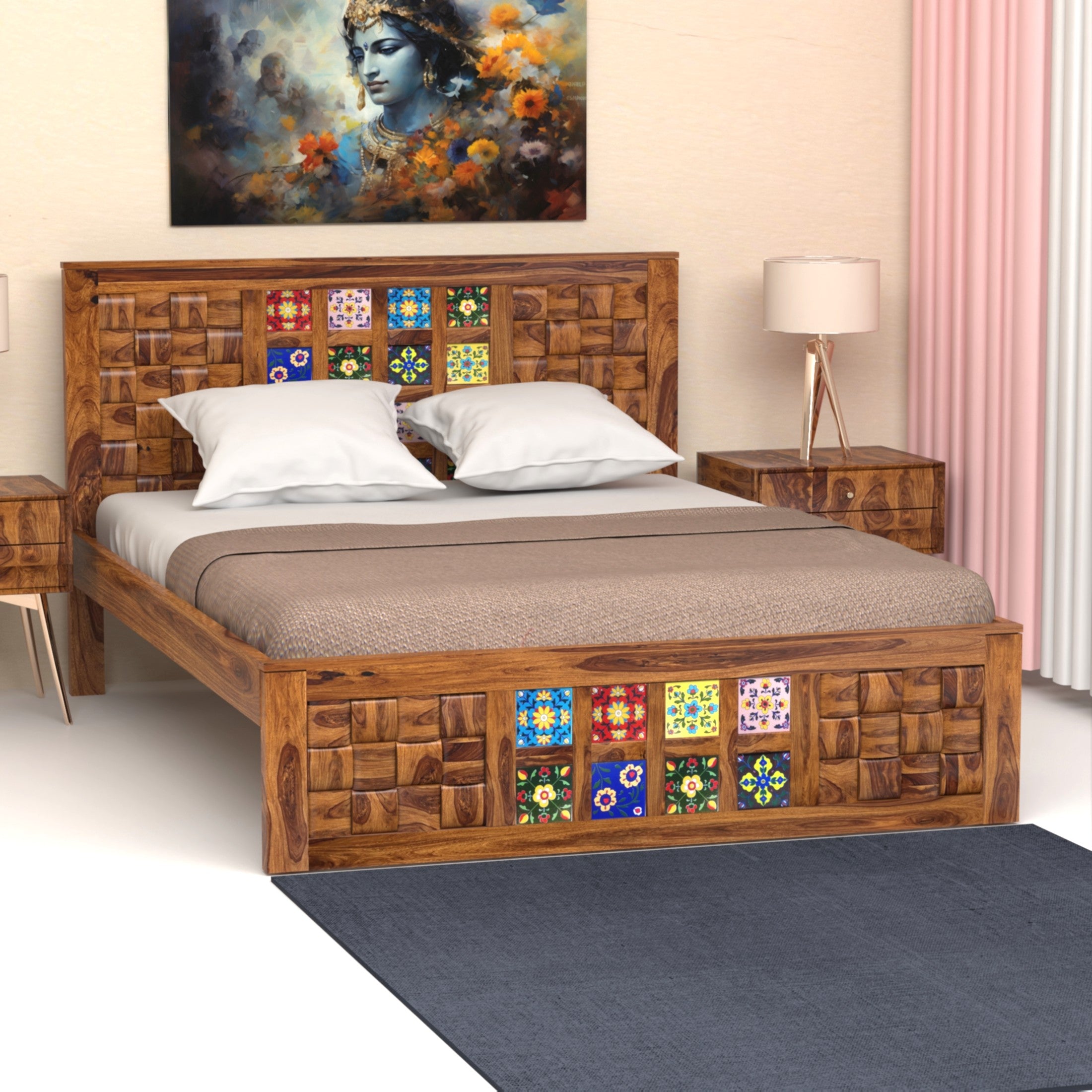 Amber Sheesham Wood Queen Size Bed in Honey Finish