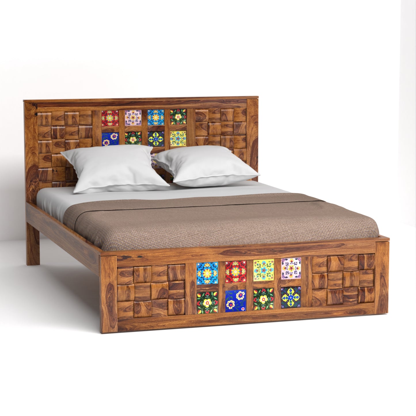 Amber Sheesham Wood Queen Size Bed in Honey Finish